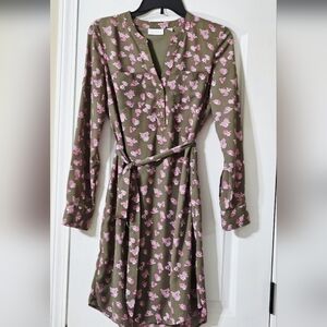New York & Company Olive Pink Floral Long Sleeve Dress